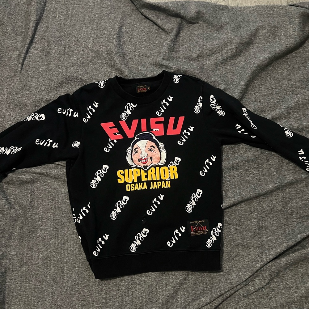 Evisu Black and Red Graphic Crewneck Sweater